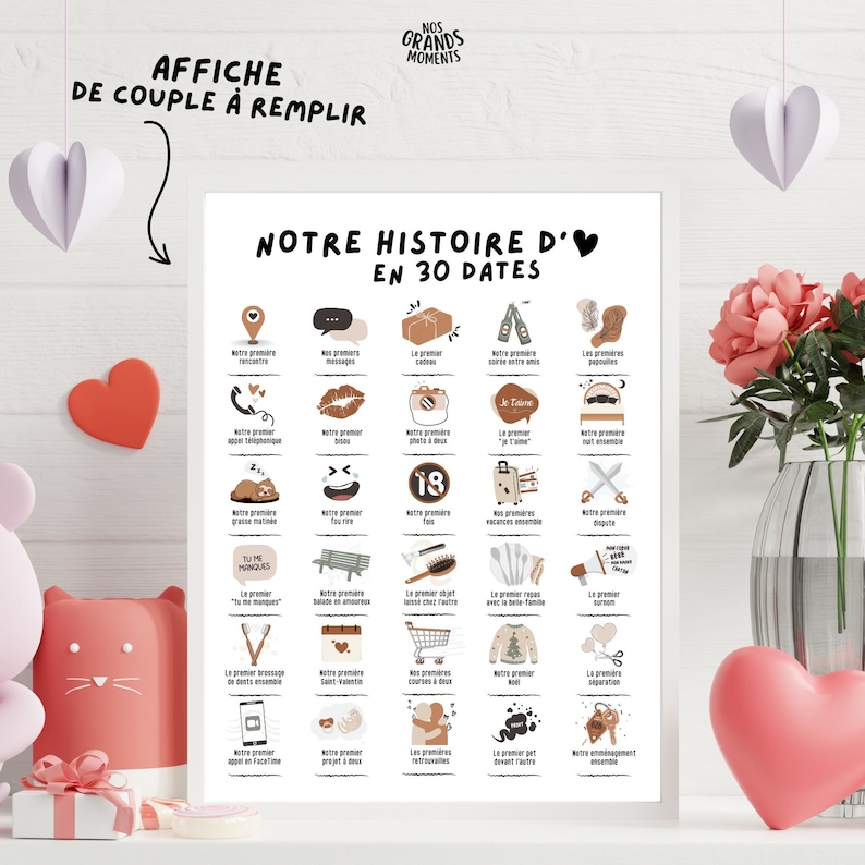 Cartel de pareja para rellenar "Nuestra historia de amor en 30 fechas" | Cartel para estampar | Cartel de pareja, San Valentín | Formato A4 + A3 imagen 1