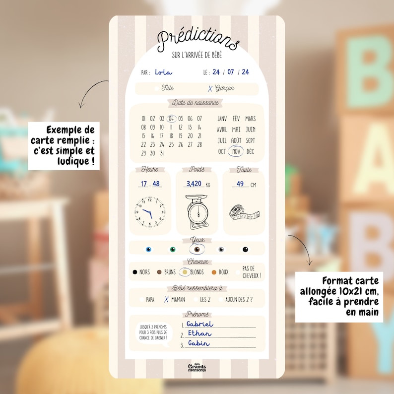Cartes de prédictions bébé en lots | Pronostics bébé | Jeu baby shower / jeu gender reveal | Baby pronostic | Animation fête prénatale image 4