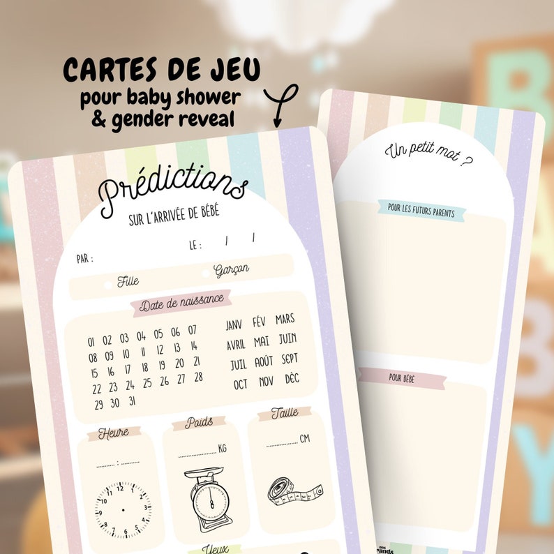 Cartes de prédictions bébé en lots | Pronostics bébé | Jeu baby shower / jeu gender reveal | Baby pronostic | Animation fête prénatale image 1