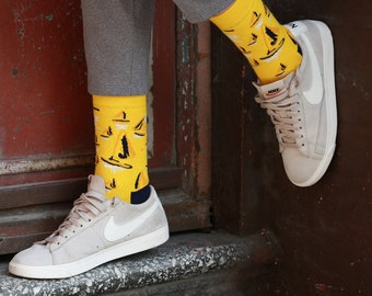 Yellow Sailboat Socks | Sailor Lover Gift for Men | Cute Happy Socks | Trick or Treat | Crazy Socks | Unisex | Funny Socks | Gift for Her