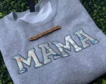 VARSITY FONT Keepsake Baby Clothes Custom Machine Embroidered Applique Mama, Grandma, Any Name Crewneck Sweatshirt
