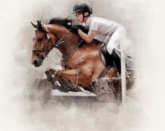 Custom Horse and Rider Portrait From Photo, Personalized Watercolor Art, Equestrian Gift, Memorial Print