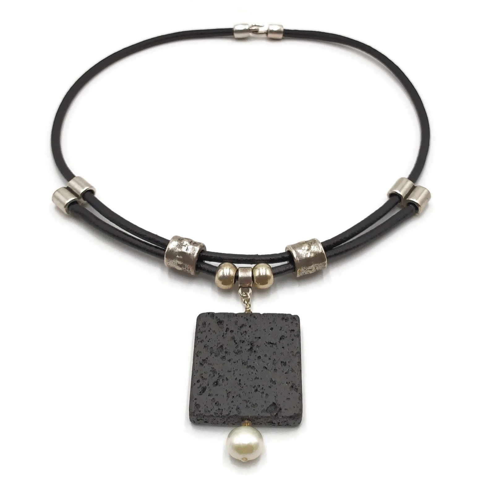 Round Leather Cord Choker 195 Square Volcanic Lava Etsy