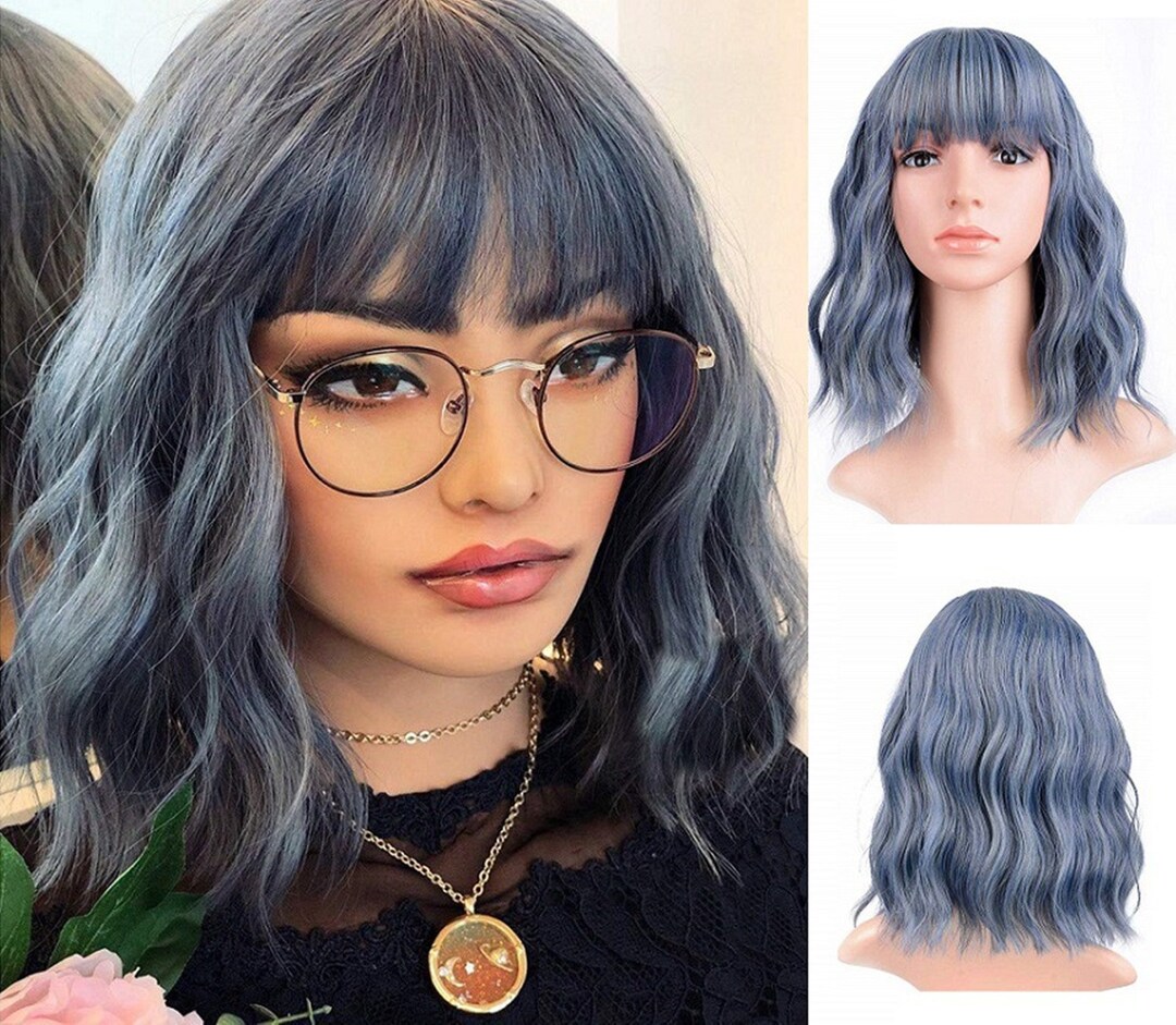 Ash Blue Gray Wigs, Short Wavy Wig With Bangs, Fashion Wigs,natural