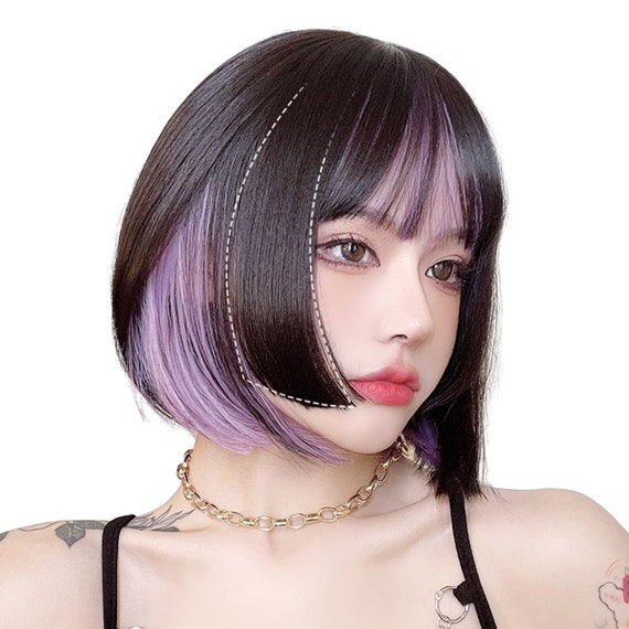 Buy Black Wig straight Bangs Wig short Straight Wig purple Hair