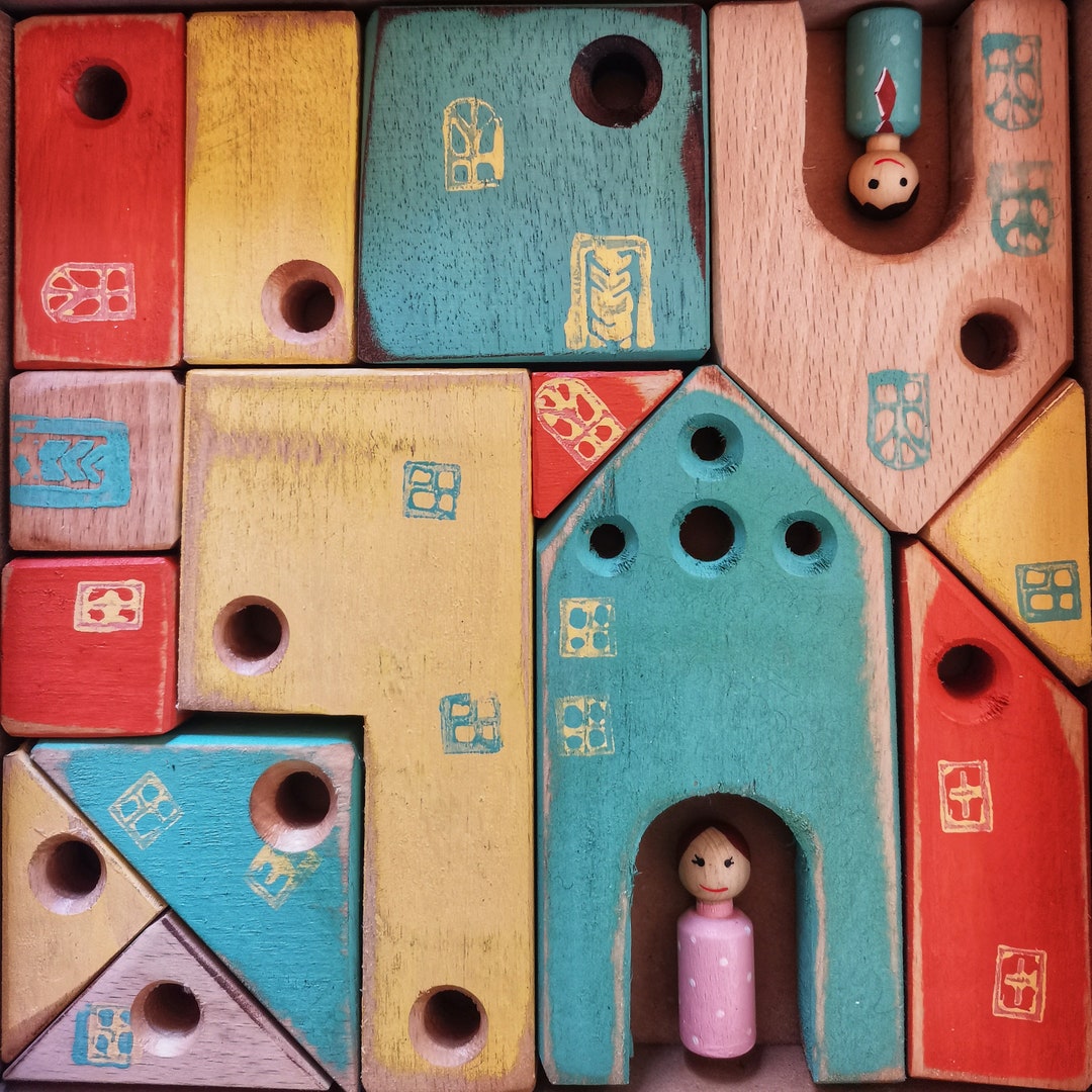 Building Block House Set Natural Wood Toy, Montessori Toy, Educational