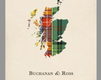 Customised Scottish Wedding Gift Couples Map of Scotland | Family Tartan Genealogy Map Print