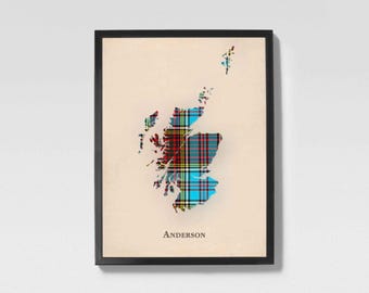 Clan Anderson Schottenkaro Landkarte | Anderson von Scotland Familie Wanddekoration, fertig zum Aufhängen