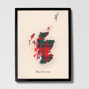 Clan MacIntosh Clan Schottische Tartan Karte | MacIntosh Clan of Scotland Familie Wanddekor, fertig zum Aufhängen, Leinwand, gerahmt, Karte