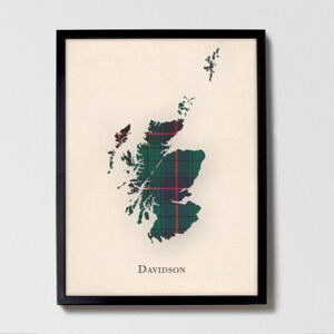Clan Davidson Clan Scottish Tartan Landkarte | Davidson Clan of Scotland Familie Wanddekor, fertig zum Aufhängen, Leinwand, gerahmt, Karte