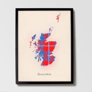 Clan Galloway Rot Schottenkaro Landkarte | Galloway Red of Scotland Familie Wanddekor, fertig zum Aufhängen, Leinwand, gerahmt, Karte