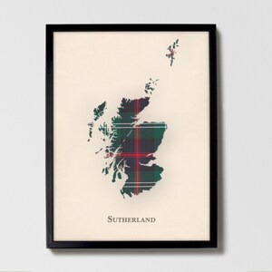 Clan Sutherland alte schottische Tartan Landkarte | Sutherland Old of Scotland Familie Wanddekor, fertig zum Aufhängen, Leinwand, gerahmt, Karte