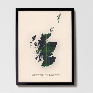 Clan Campbell of Louden Schottische Tartan Karte | Campbell of Louden of Scotland Familie Wanddekor, fertig zum Aufhängen, Leinwand, gerahmt, Karte