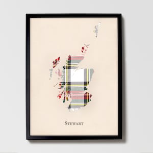 Clan Stewart Schottenkaro Landkarte | Stuart of Scotland Familie Wanddekor, fertig zum Aufhängen, Leinwand, gerahmt, Karte