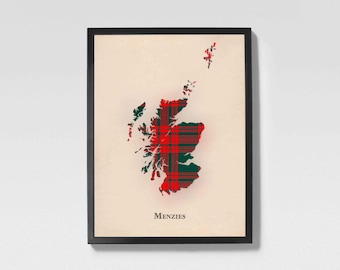 Groene Schotse Tartan-kaart clan Menzies | Menzies Green of Scotland familiemuurdecoratie, klaar om op te hangen