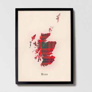 Mapa szkockiej kraty klanu Ross Red | Dekoracja ścienna rodziny Ross Red of Scotland, gotowa do powieszenia, płótno, oprawiona, karta