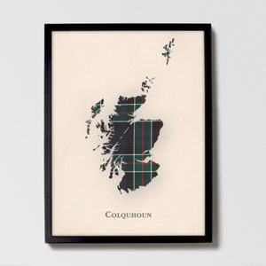 Clan Colquhoun Schottische Tartan Landkarte | Colquhoun of Scotland Familie Wanddekor, fertig zum Aufhängen, Leinwand, gerahmt, Karte