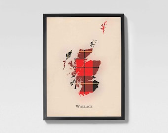 Clan Wallace Scottish Tartan Map | Wallace of Scotland Family Wall Decor, Ready to Hang