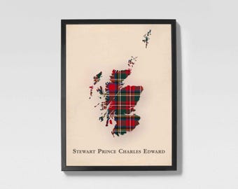 Clan Stewart Prince Charles Edward Scottish Tartan Map | Stewart of Scotland Family Wall Decor, Ready to Hang