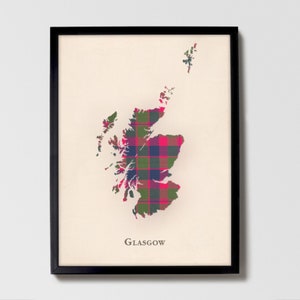 Clan Glasgow Schottenkaro Landkarte | Glasgow of Scotland Familie Wanddekor, fertig zum Aufhängen, Leinwand, gerahmt, Karte