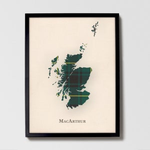 Clan MacArthur Schottische Tartan Landkarte | MacArthur of Scotland Familie Wanddekor, fertig zum Aufhängen, Leinwand, gerahmt, Karte