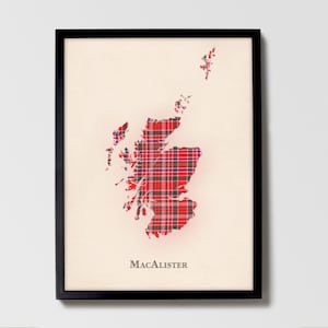 Clan MacAlister Schottische Tartan Landkarte | MacAlister of Scotland Familie Wanddekor, fertig zum Aufhängen, Leinwand, gerahmt, Karte