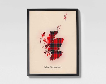 Clan MacGillivray Tartan Landkarte | MacGillivray of Scotland Familie Wanddekoration, fertig zum Aufhängen