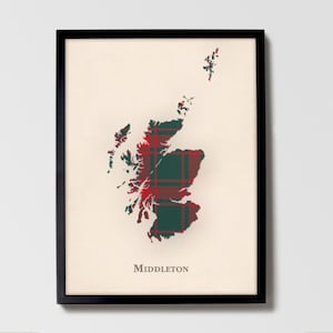 Clan Mid Century Tartan Landkarte | Mittlere Ton von Schottland Familie Wanddekor, fertig zum Aufhängen, Leinwand, gerahmt, Karte