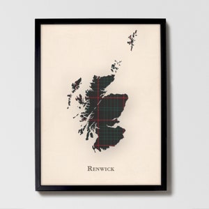 Clan Renwick Tartan Landkarte | Renwick of Scotland Familie Wanddekor, fertig zum Aufhängen, Leinwand, gerahmt, Karte