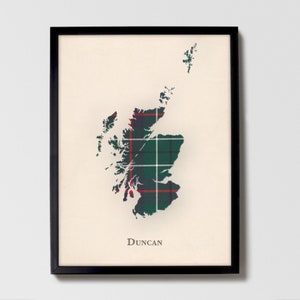 Clan Duncan Schottenkaro Landkarte | Duncan of Scotland Familie Wanddekoration, fertig zum Aufhängen, Leinwand, gerahmt, Karte