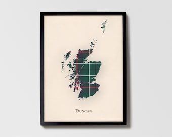 Clan Duncan Scottish Tartan Map | Duncan of Scotland Family Wall Decor, Ready to Hang, Canvas, Framed, Card