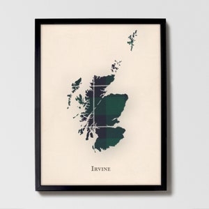 Clan Irvine Tartan Landkarte | Irvine of Scotland Familie Wanddekor, fertig zum Aufhängen, Leinwand, gerahmt, Karte