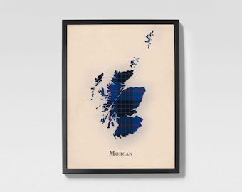 Mappa scozzese in tartan del clan Morgan / Decorazione murale della famiglia Morgan di Scozia, pronta da appendere