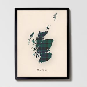 Clan MacKay Schottische Tartan Landkarte | MacKay of Scotland Familie Wanddekor, fertig zum Aufhängen, Leinwand, gerahmt, Karte