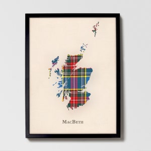 Clan MacBeth Tartan Landkarte | MacBeth of Scotland Familie Wanddekor, fertig zum Aufhängen, Leinwand, gerahmt, Karte