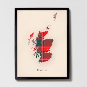 Clan Dalziel Schottische Tartan Landkarte | Dalziel of Scotland Familie Wanddekor, fertig zum Aufhängen, Leinwand, gerahmt, Karte