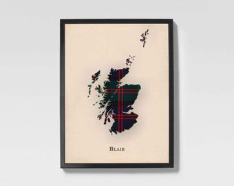 Clan Blair Scottish Tartan Map | Blair of Scotland Family Wall Decor, Ready to Hang