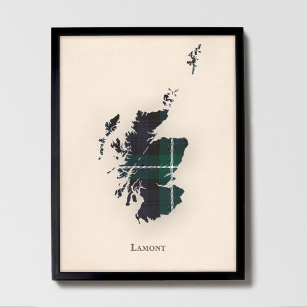 Clan Lamont Scottish Tartan Map / Lamont Wall Decor, Listo para colgar, Lienzo, Enmarcado, Tarjeta diseñada en Escocia