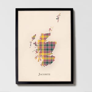 Clan Jacobite Schottenkaro Landkarte | Jacobite of Scotland Familie Wanddekor, fertig zum Aufhängen, Leinwand, gerahmt, Karte