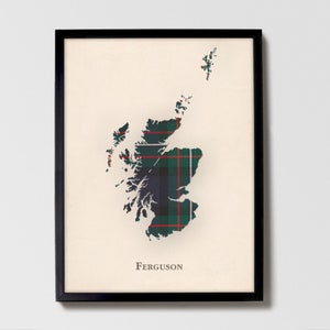 Clan Ferguson Tartan Landkarte | Ferguson von Scotland Familie Wanddekor, fertig zum Aufhängen, Leinwand, gerahmt, Karte
