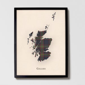 Clan Gillies Tartan Landkarte | Gillies of Scotland Familie Wanddekor, fertig zum Aufhängen, Leinwand, gerahmt, Karte