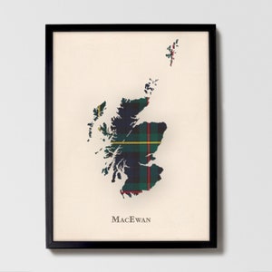 Clan MacEwan Tartan Landkarte | MacEwan of Scotland Familie Wanddekor, fertig zum Aufhängen, Leinwand, gerahmt, Karte