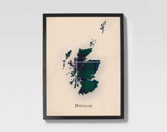 Clan Douglas Scottish Tartan Map | Douglas of Scotland Family Wall Decor, Ready to Hang