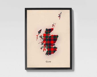 Clan Gow Scottish Tartan Map | Gow of Scotland Family Wall Decor, Ready to Hang