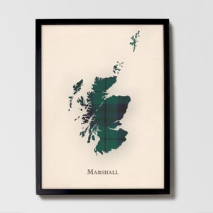 Clan Marshall Schottenkaro Landkarte | Marshall von Scotland Familie Wanddekor, fertig zum Aufhängen, Leinwand, gerahmt, Karte