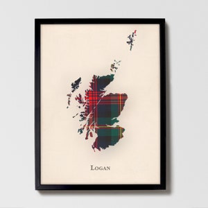 Clan Logan Schottenkaro Landkarte | Logan of Scotland Familie Wanddekoration, fertig zum Aufhängen, Leinwand, gerahmt, Karte