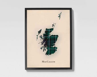 Clan MacCallum Scottish Tartan Map | MacCallum of Scotland Family Wall Decor, Ready to Hang