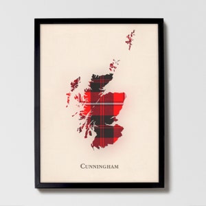 Clan Cunningham Tartan Landkarte | Cunningham of Scotland Familie Wanddekor, fertig zum Aufhängen, Leinwand, gerahmt, Karte