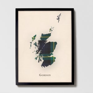 Clan Cordon Clan Schottische Tartan Landkarte | Gordon Clan of Scotland Familie Wanddekor, fertig zum Aufhängen, Leinwand, gerahmt, Karte