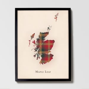 Clan Maple Leaf Schottenkaro Landkarte | Ahornblatt von Schottland Familie Wanddekor, fertig zum Aufhängen, Leinwand, gerahmt, Karte